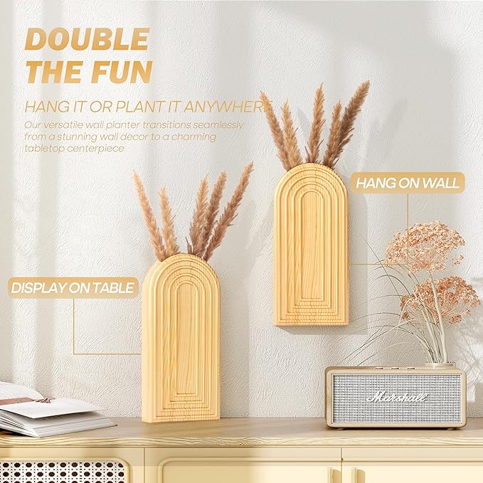 EOSAHR Rustic Pine Wood Wall Vases Set of 2 – Farmhouse Wall Decor for Indoor Plants – Best Boho Chic Decor Hanging Planters for Living Room, Bedroom & Midcentury Modern Home Decor (Original Wood)