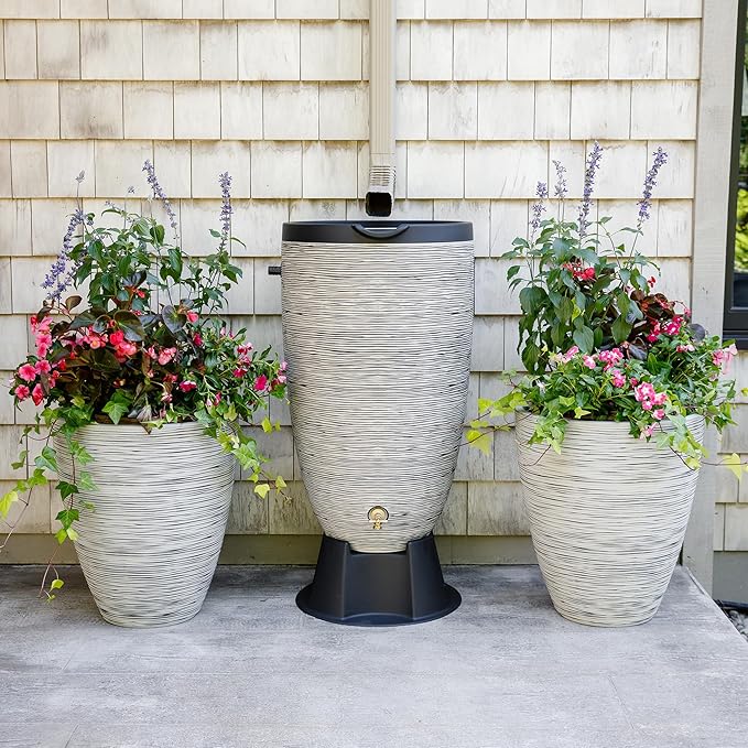 Newport 50‑Gallon Flat‑Back Rain Barrel with Stand & Planter Bundle – Slate | Removable Lid, UV-Stabilized Outdoor Water Storage