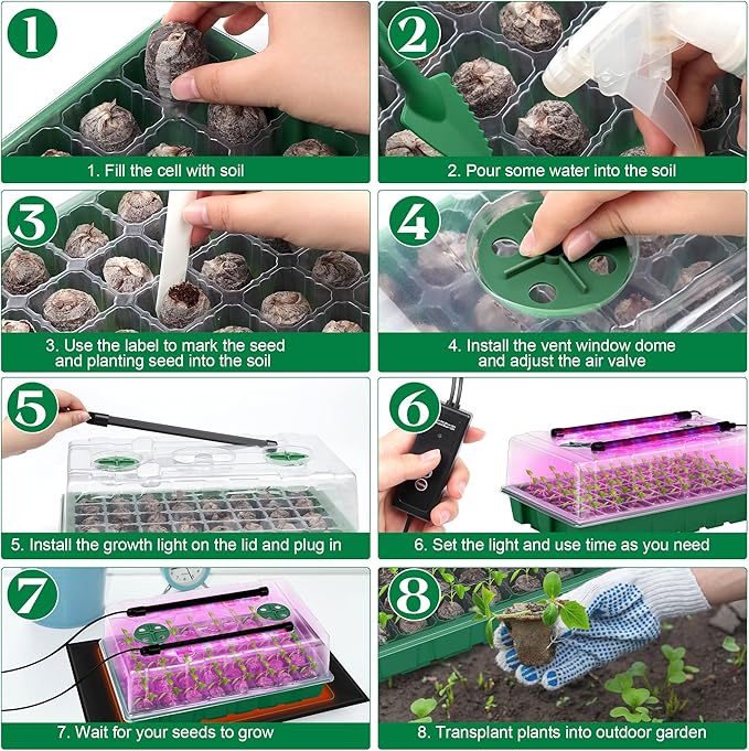 Seed Starter Kit 40-Cell Seed Starter Tray with Grow Lights Full Spectrum Seedling Heat Mat 40 Peat Pellets Seed Starting Soil Plant Labels Garden Tools for Germination Seeds Growing, Green
