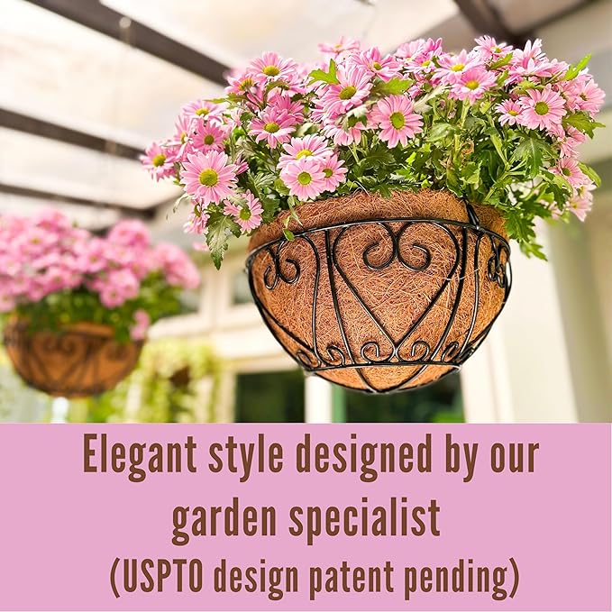 LaLaGreen Hanging Baskets for Plants (16 Inch, 6 Pack) Extra Large Hanging Flower Pot with Coco Liner Black Metal Wire Round Plant Holder with Hanger Hook Chain Outdoor Patio Deck Balcony Garden Decor