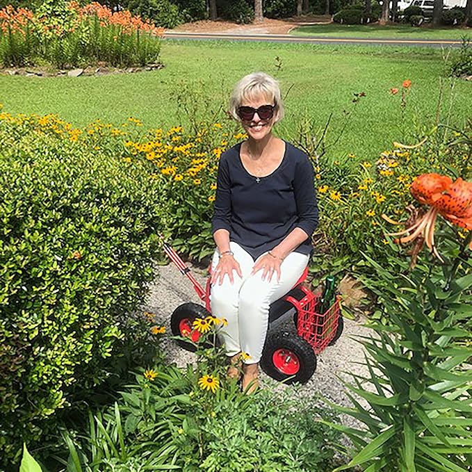 Sunnydaze Garden Seat with Wheels - Rolling Gardening Seat - Garden Stool on Wheels with Adjustable Handle and Utility Tray - Red