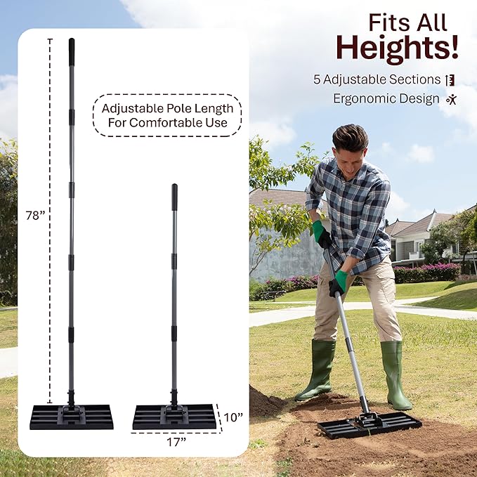 Lawn Leveling Rake with Work Gloves - Heavy-Duty Yard Leveling Rake - 17" X 10" Lawn Leveler Rake with 6.5ft Adjustable Pole - Quick to Assemble Rakes for Lawns and Garden