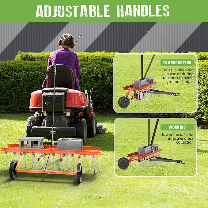 40" Tow-Behind Dethatcher with 20 Spring Steel Tines, Pull Behind Lawn Tractor Mower Grass Rake for Yard, Garden, and Farm Care – Removes Thatch, Leaves, and Pine Needles-Orange