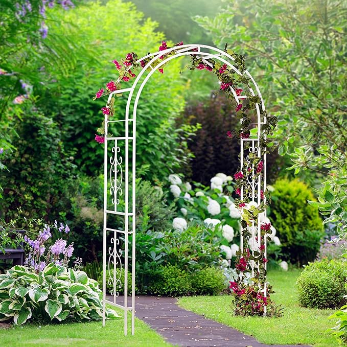 Plow & Hearth Arch Metal Outdoor Garden Arbor, 84 inches Tall, Iron Trellis Lattice for Climbing Plants, Wedding Arch, Outdoor Patio Décor (Montebello-White)