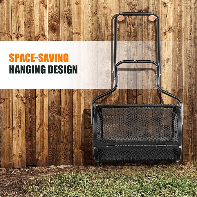 S AFSTAR 24-Inch Compost Spreader, Peat Moss Spreader with Upgrade Side Latches & U-Shape Handle, Metal Mesh Topdressing Roller for Topsoil, Fertilizer, Garden & Lawn Care Manure Spreader (Black)