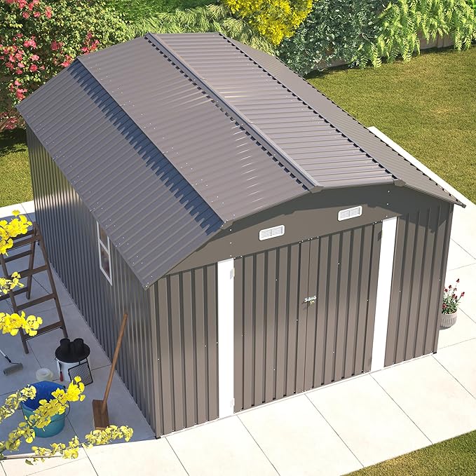 10×12 FT Outdoor Storage Shed,Heavy-Duty Metal Shed with Floor Base,All Weather Waterproof Tool Shed W/Diamond Roof & Windows,Lockable Double Door & 4 Air Vents,for Backyard,Patio,Lawn,Gray