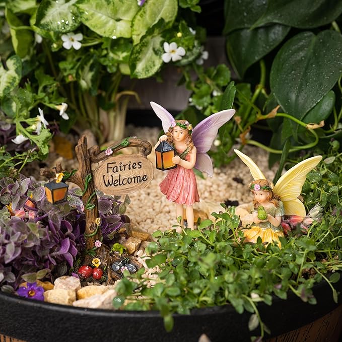PRETMANNS Fairies for Fairy Garden – Cute Accessories for an Outdoor Miniature Garden with Figurines and a Sign- Colorful Supplies – 3 Piece Set