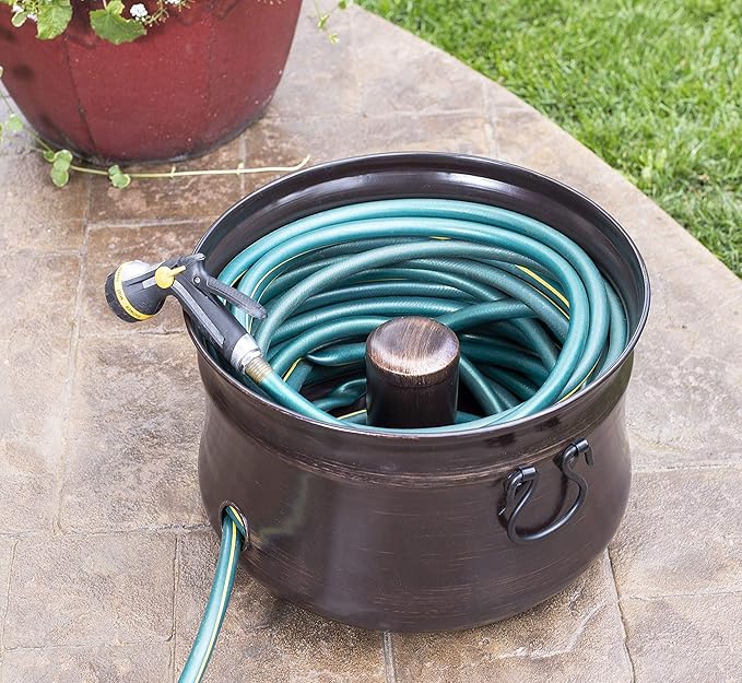 BIRDROCK HOME Water Hose Holder - Decorative Metal Pot, Indoor or Outdoor, Garden Storage Organizer, Patio Portable Bucket - Distressed Bronze, Holds up to 200ft Hoses, Large with Lid