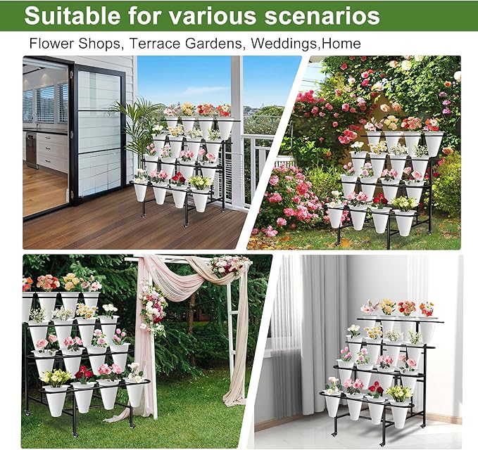 Floral Display Stand with 16 White Flower Baskets, 4-Layers Cart Display Stand with Wheels ,Sturdy Mobile Flower Bouquet Rack for Courtyard, Garden, Flower Shop, with Lockable Rotating Wheels .
