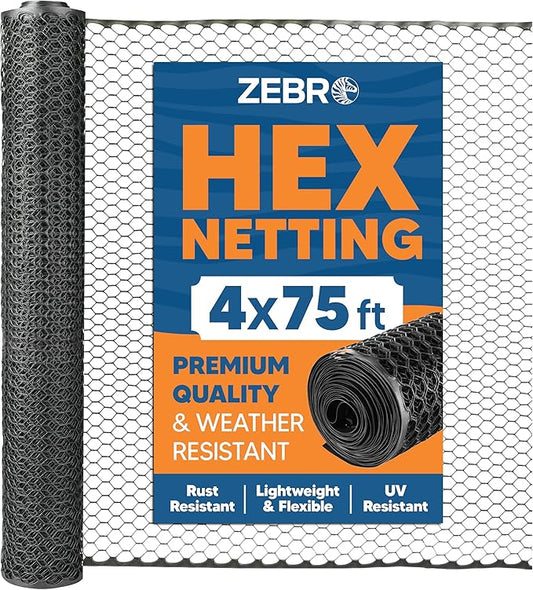 Zebro Plastic Chicken Wire Fence – Flexible Poultry Netting & Garden Fence for Chicken Coops, Rabbits, Pet Enclosures & Landscaping – Weatherproof & Rust-Free - 4' x 75' Black