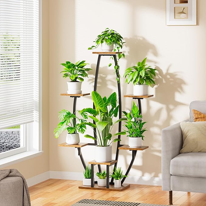 JUSTOGO Plant Stand Indoor with Grow Lights - 7 Tiered Large Plant Shelf, 47" Corner Shelf for Indoor Plants Multiple, Metal Flower Holder Curved Display Rack for Living Room, Home Decor, Patio