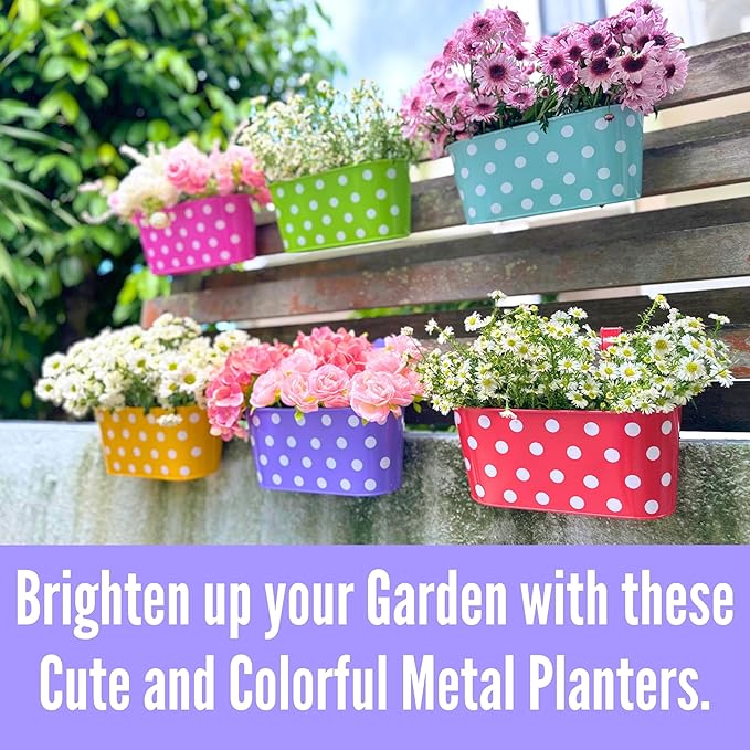 LaLaGreen Outdoor Hanging Planter (11.2 Inch, 6 Pack) Light Blue, Neon Pink, Dark Purple, Yellow, Red Cute Metal Iron Flower Pots Bucket Colorful Polka Dot Herb Deck Railing Fence Bucket Patio Decor