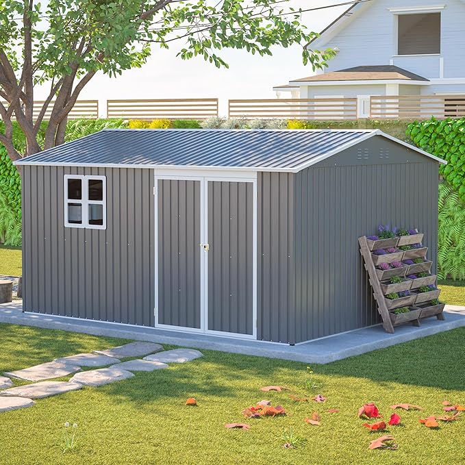 12x10 FT Outdoor Storage Shed,Metal Shed W/Window & Floor Frame,Garden Tool House W/Sloped Roof,Lockable Doors & Air Vents,for Backyard Patio Lawn,Gray