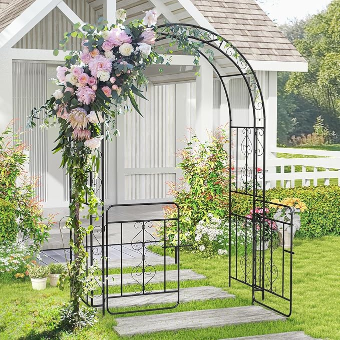 Moccha Garden Arch, 84" Arbor Trellis with Lockable Gate for Climbing Plants, Roses, Vines, Outdoor Pergola Archway, Heavy-Duty Garden Arbor for Lawn Patio Bridal Party Decoration Pathway Ceremony