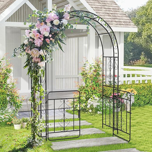 Moccha Garden Arch, 84" Arbor Trellis with Lockable Gate for Climbing Plants, Roses, Vines, Outdoor Pergola Archway, Heavy-Duty Garden Arbor for Lawn Patio Bridal Party Decoration Pathway Ceremony