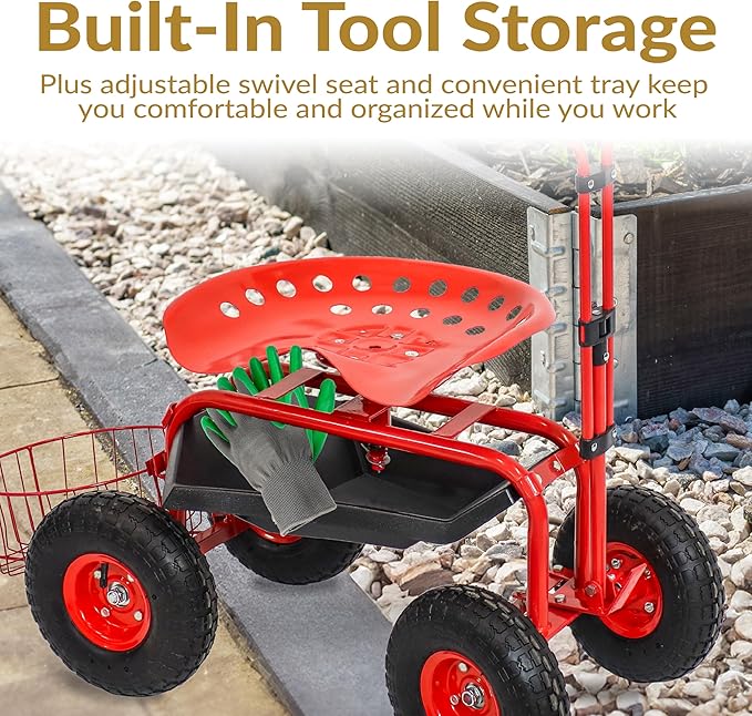 Sunnydaze Garden Cart with Wheels - Garden Stool on Wheels - Rolling Gardening Seat with Extendable Handle - Swivel Seat - Red