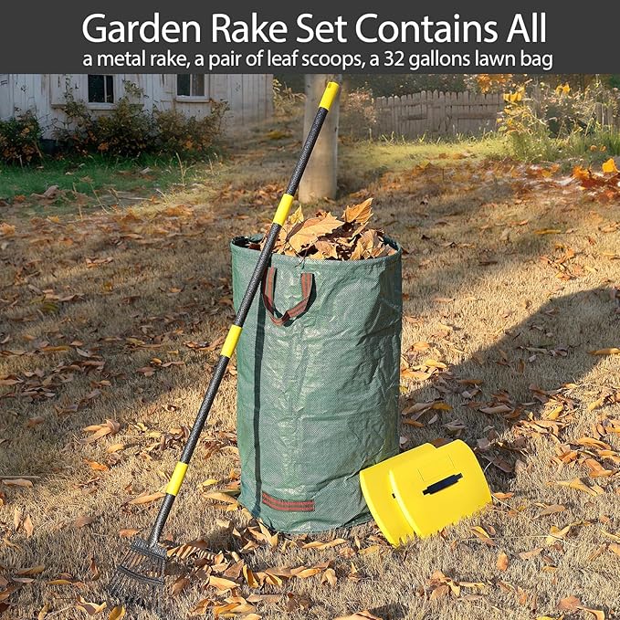 Rake for Leaves, 11 Tines 9" Wide Metal Leaf Rake with 32 Gallon Lawn and Leaf Bags & Scoops for Garden Adult Kids Lawn Shrub Yard Landscape Heavy Duty Long Handle 30-60