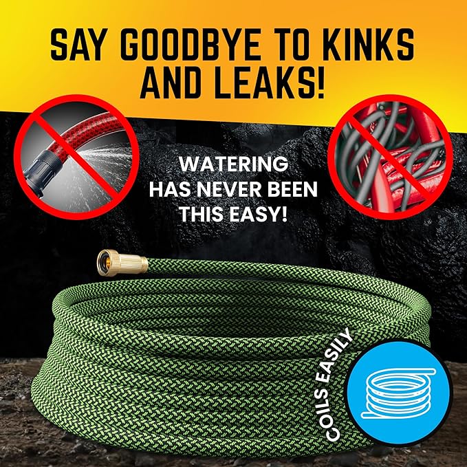 PowerFlow Garden Hose, NON-EXPANDABLE 75 Feet Premium Quality Stainless Steel Metal Water Hose with Durable Fabric Skin, Hose For Commercial, Residential Use, Bonus 10-way Spray Nozzle (75 Ft, Green)
