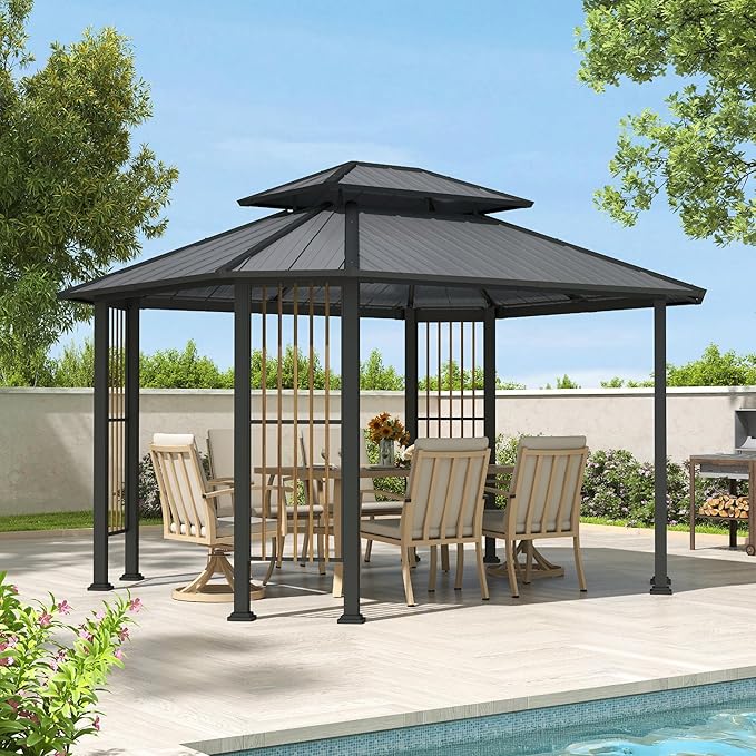 11' x 13' Octagon Hardtop Gazebo, Outdoor Octagonal Gazebo with Double Tiered Roof, Galvanized Steel Hardtop with Dual Rail & Ceiling Hook, Outdoor Canopy Shelter for Patio Garden Backyard