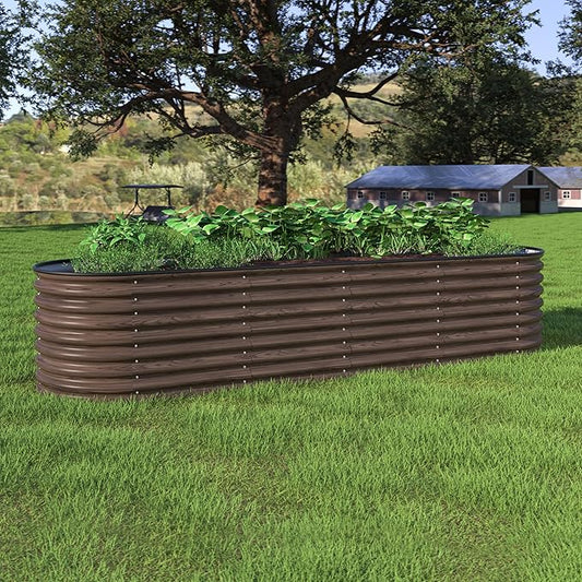 MUPATER Galvanized Raised Garden Bed Outdoor 8x2x2ft, 9-in-1 Metal Raised Planter Box W/ 2 Aluminum Support Rods, Oval Outdoor Raised Garden Bed for Vegetable, Flower, Backyard and Patio, Rustic