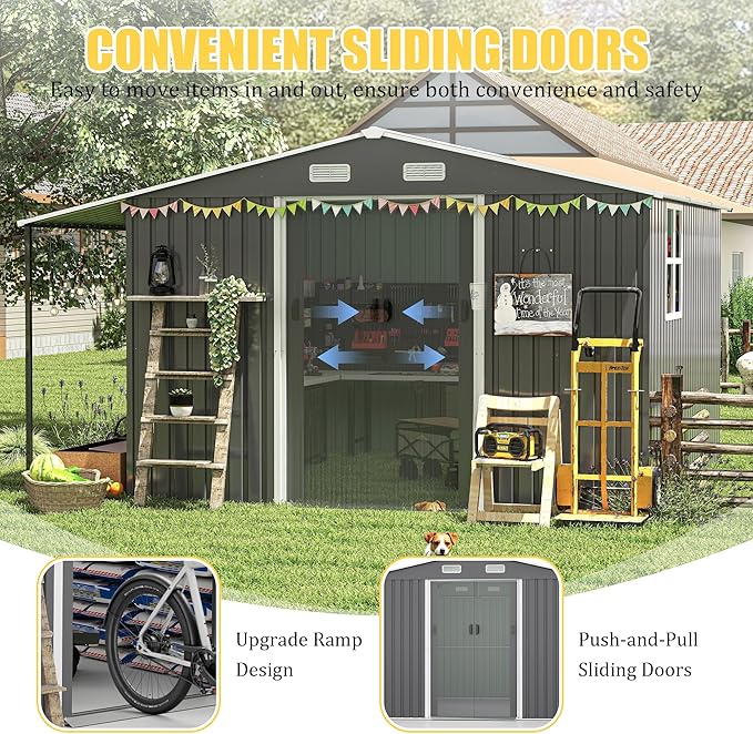 10x12 FT Outdoor Storage Shed,Extra Large Metal Garden Tool Shed with Lockable Doors,Windows & Air Vents,Dual-Zone Design Outside Steel Tiny House for Backyard, Patio Lawn,Dark Gray