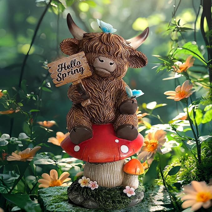 Highland Cow Garden Statue with Solar Butterfly Lights, Spring Outdoor Highland Cow on Mushroom Butterfly Decoration for Yard, Patio, Lawn, Cows Figurine Housewarming Gift for Women, Mom