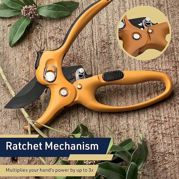 Ratchet Anvil Pruning Shears for Gardening - 5” Heavy Duty Ratcheting Garden Shears Clippers with Carbon Steel Blade for Weak Hands or Arthritis, Hand Pruners for Gardening Tools by Kings County Tools