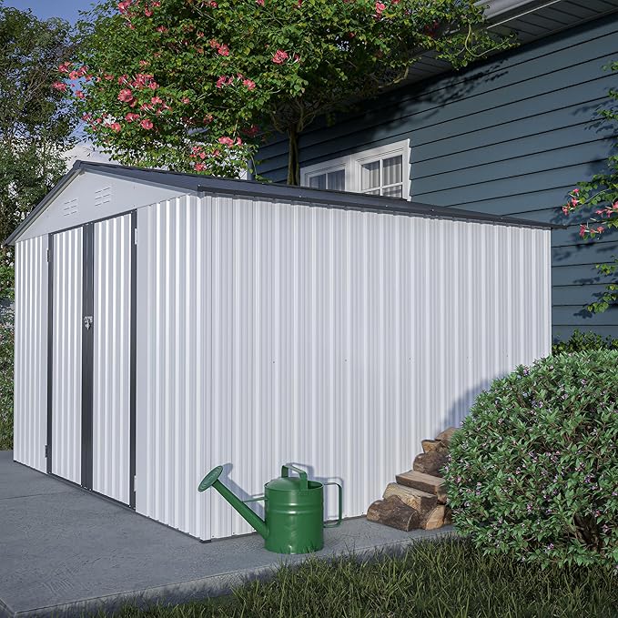 10X8 FT Outdoor Storage Shed W/Lockable Hinge Doors,Metal Shed W/Sloped Roof & 4 Air Vents,All Weather Garden Tool House for Backyard Patio Lawn,White