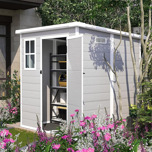 Resin Storage Shed 6x6ft, Outdoor Storage Sheds with Floor, Window, Lockable Doors and Vents, Tool Shed for Bike, Garden, Backyard,Lawn, All Weather Use (Grey, 6 * 6ft)