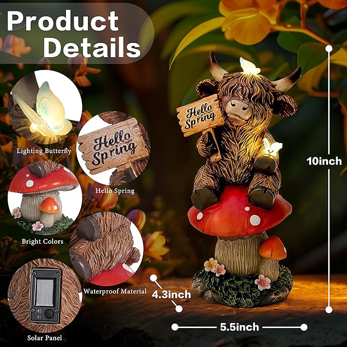 Highland Cow Garden Statue with Solar Butterfly Lights, Spring Outdoor Highland Cow on Mushroom Butterfly Decoration for Yard, Patio, Lawn, Cows Figurine Housewarming Gift for Women, Mom