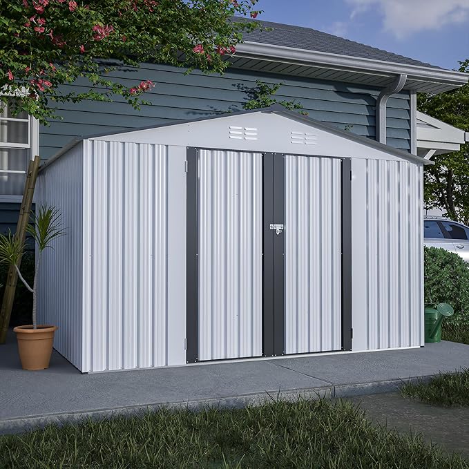 10X8 FT Outdoor Storage Shed W/Lockable Hinge Doors,Metal Shed W/Sloped Roof & 4 Air Vents,All Weather Garden Tool House for Backyard Patio Lawn,White
