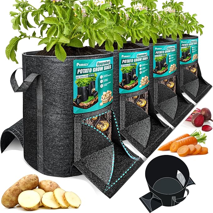 [Upgraded] 4PCS 20-Gallon Potato Grow Bags with Unique Harvest Window, Visible Window, Garden Planting Bag with Reinforced Handle, Nonwoven Fabric Pots for Tomato, Potato Growing Container - Black