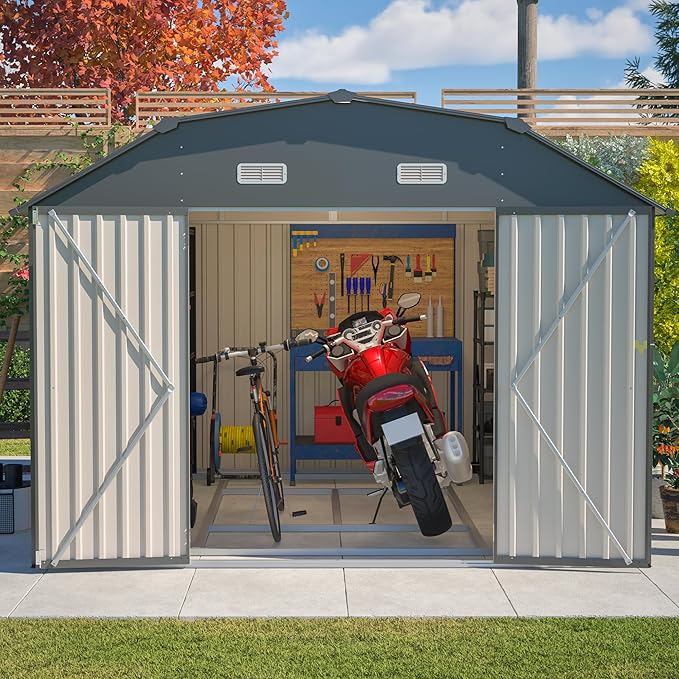 10×12 FT Outdoor Storage Shed,Heavy-Duty Metal Shed with Floor Base,All Weather Waterproof Tool Shed W/Diamond Roof & Windows,Lockable Double Door & 4 Air Vents,for Backyard,Patio,Lawn,Gray