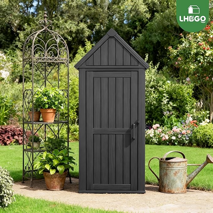 Outdoor Storage Shed with Door & Shelf, Large Capacity Weatherproof Garden Tool Cabinet with Multiple Hooks for Backyard, Patio, Lawn（Black
