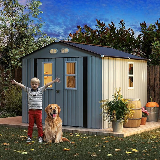 8x8 SF Outdoor Storage Shed,Metal Shed with Lockable Doors & 4 Daylight Windows,Garden Tool Shed w/Air Vents & Sloped Roof, Ideal for Backyard,Patio,Lawn,White