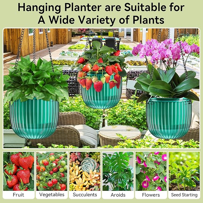ZeeDix 3 Pack-6.5 Inch Hanging Planters for Indoor Plants, Self Watering Hanging Plant Pots with 3 Hooks and Drainage for Home, Wall, Window Decor Outdoor Use (Green, 6.5 inch)