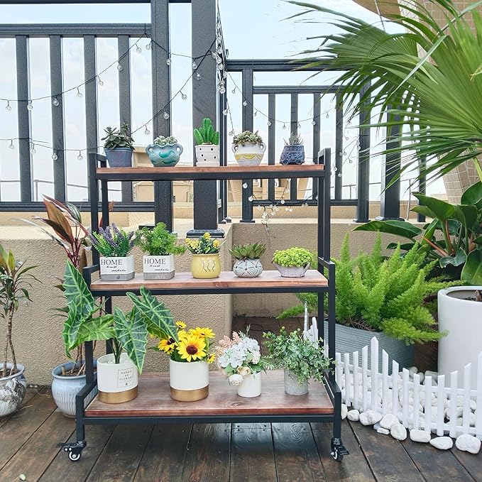 Rustic Plant Stand with Wheels 37“ H, Rolling Plant Shelves Rack Indoor Outdoor,Metal Plant Stand with Solid Wood for Multiple Plants,Industrial Ladder Plant Flower Shelf for Garden,Living Room,Brown