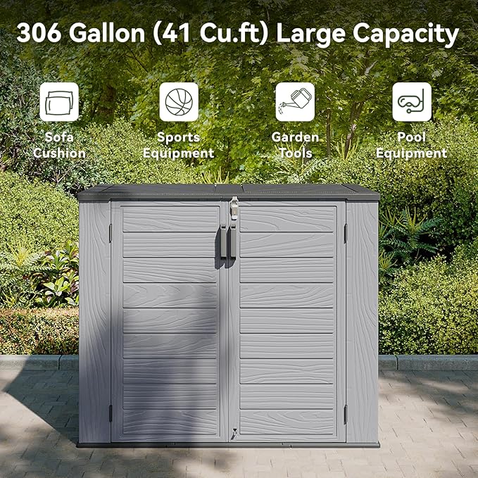 AOXUN Horizontal Storage Sheds 41 Cu.ft, HDPE Outdoor Storage Box 160 Gallon, Waterproof Lockable Resin Deck Box with Spring-Assisted Lid, Patio Storage for Garden, Pool, Cushions, Tools, Grey