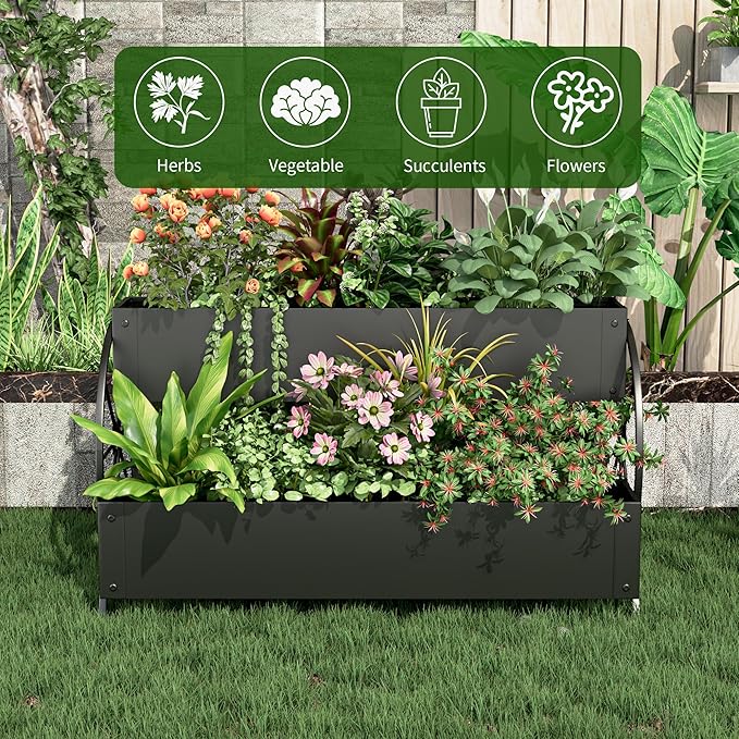 Metal Wagon Planter Box, 3-Tier Garden Planter with Wagon Wheels, Decorative Outdoor Planters for Flowers Herbs Vegetables, Flower Cart Small Raised Garden Bed for Patio, Balcony (Black)