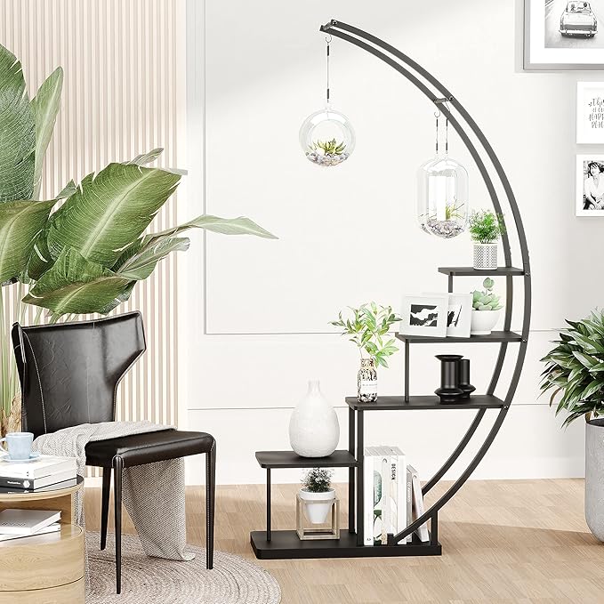 5 Tier Metal Plant Stand Indoor, 67.25“ Tall Half Moon Shape Multiple Stand Holder Shelf Planter Display, Hanging Shelf Flower Stand Ladder for Patio Garden Living Room, Black Set of 2