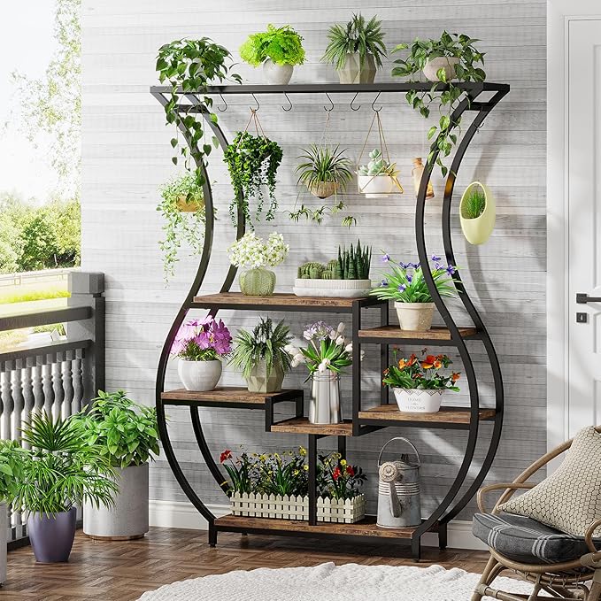 Tribesigns 6-Tier Plant Stand, 70.9 Inch Tall Plant Shelf with 10 Hanging Hooks, Vase Shape Ladder Plant Stand, Multi-Purpose Plant Display Rack for Indoor, Balcony, Living Room, Brown and Black
