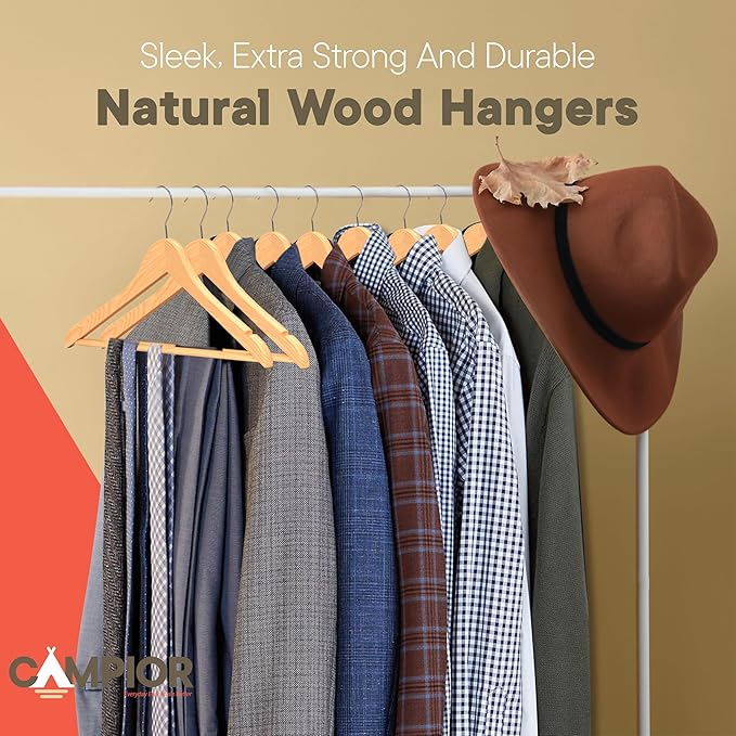 Natural Wooden Hangers 10 Pack – Heavy-Duty with 360° Swivel Hook, Non-Slip, Pants Bar & Shoulder Grooves - Wooden Hangers for Suits, Jackets, Dresses & Camisoles, Space-Saving and Smooth Finish
