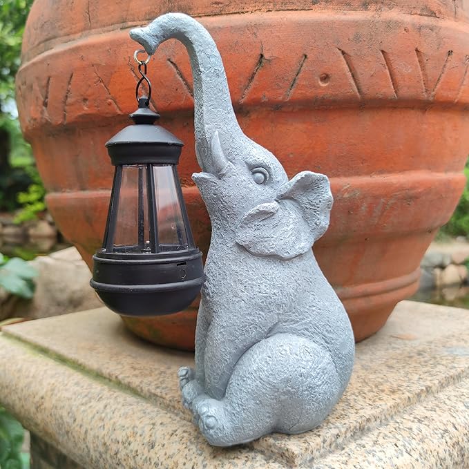 Elephant Solar Garden Statues,Resin Elephant Figurine Decorations with Solar Lights Lantern, Outdoor Garden Decor Art for Lawn,Yard, Unique Housewarming Gift for Garden Home