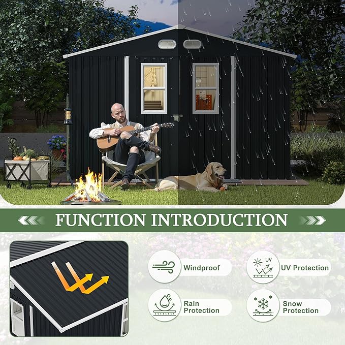 8x10 SF Outdoor Storage Shed,Metal Shed with Lockable Doors & 4 Daylight Windows,Garden Tool Shed w/Air Vents & Sloped Roof, Ideal for Backyard,Patio,Lawn,Dark Gray