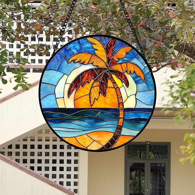Stained Glass Window Hanging 4 Pcs Set Blue Orange Ocean Beach Theme 6.3" - Suncatcher Door Garden Sun Catcher Decor Birthday Christmas for Mom Woman Nana Men Wife