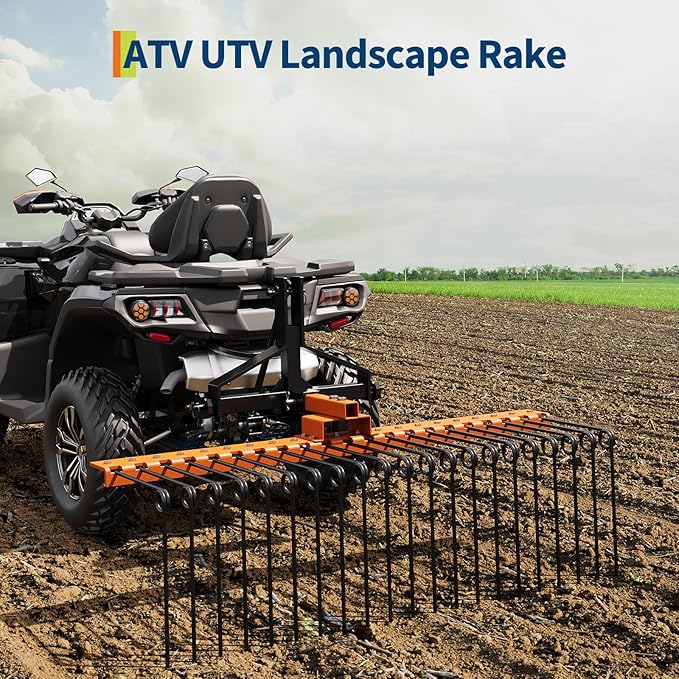 48 in Durable Pine Straw Rake Steel Spring Landscape Rake Fits 2 in Receiver for Lawn Tractors or ATV/UTV, Orange