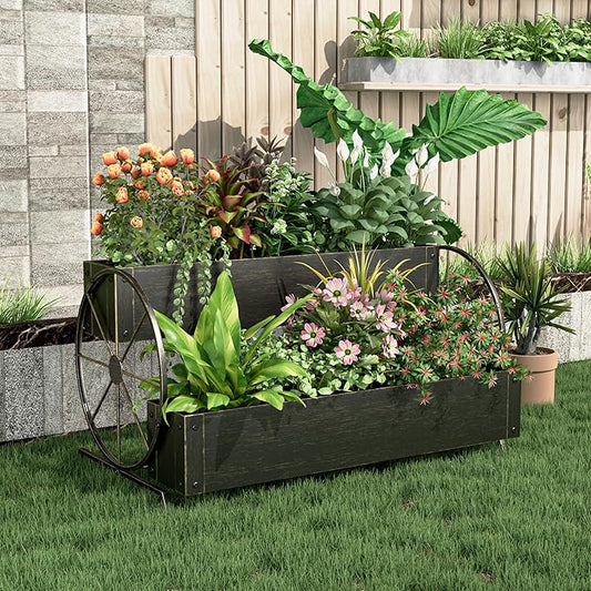 Metal Wagon Planter Box, 2-Tier Garden Planter with Wagon Wheels, Decorative Outdoor Planters for Flowers Herbs Vegetables, Flower Cart Small Raised Garden Bed for Patio, Balcony (Retro Gold)