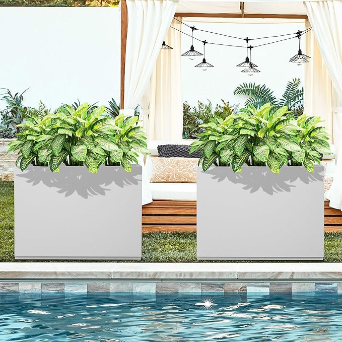FENCY Metal Rectangular Planter Box - Large Tall Planters with Drainage Holes (35.4" L x 9" W x 25.6" H, White)