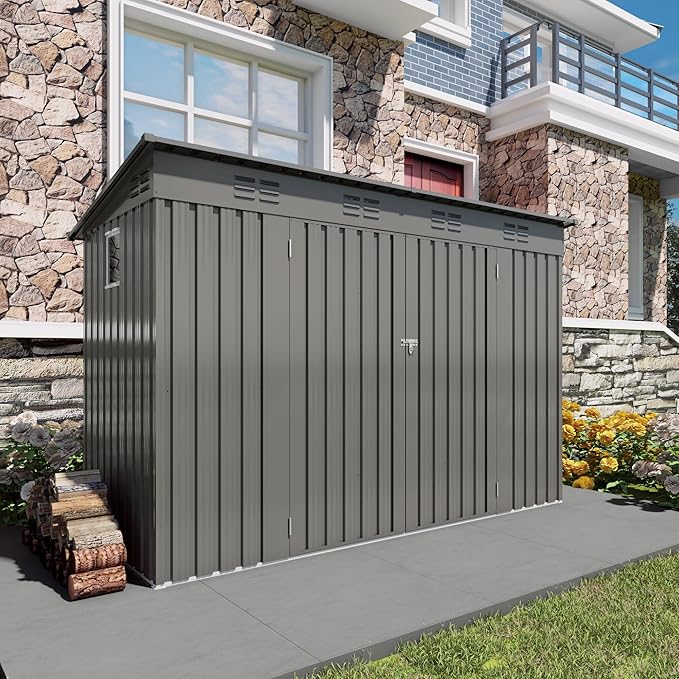 9x4 FT Lean to Shed with Window, Metal Sheds & Outdoor Storage with 6 Vents and 2 Swing Doors, Outdoor Storage Shed Waterproof for Backyard, Garden, Patio, Gray