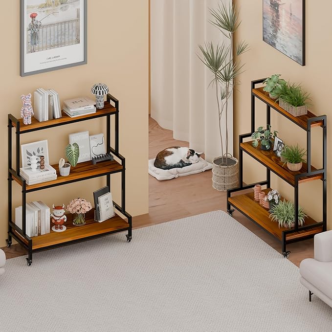 Plant Stand Indoor with Wheels 37” H, Rolling Plant Shelf Rack Outdoor,Metal Plant Stand with Solid Wood for Multiple Plants,Industrial Ladder Plant Flower Shelf for Garden,Living Room,Teak